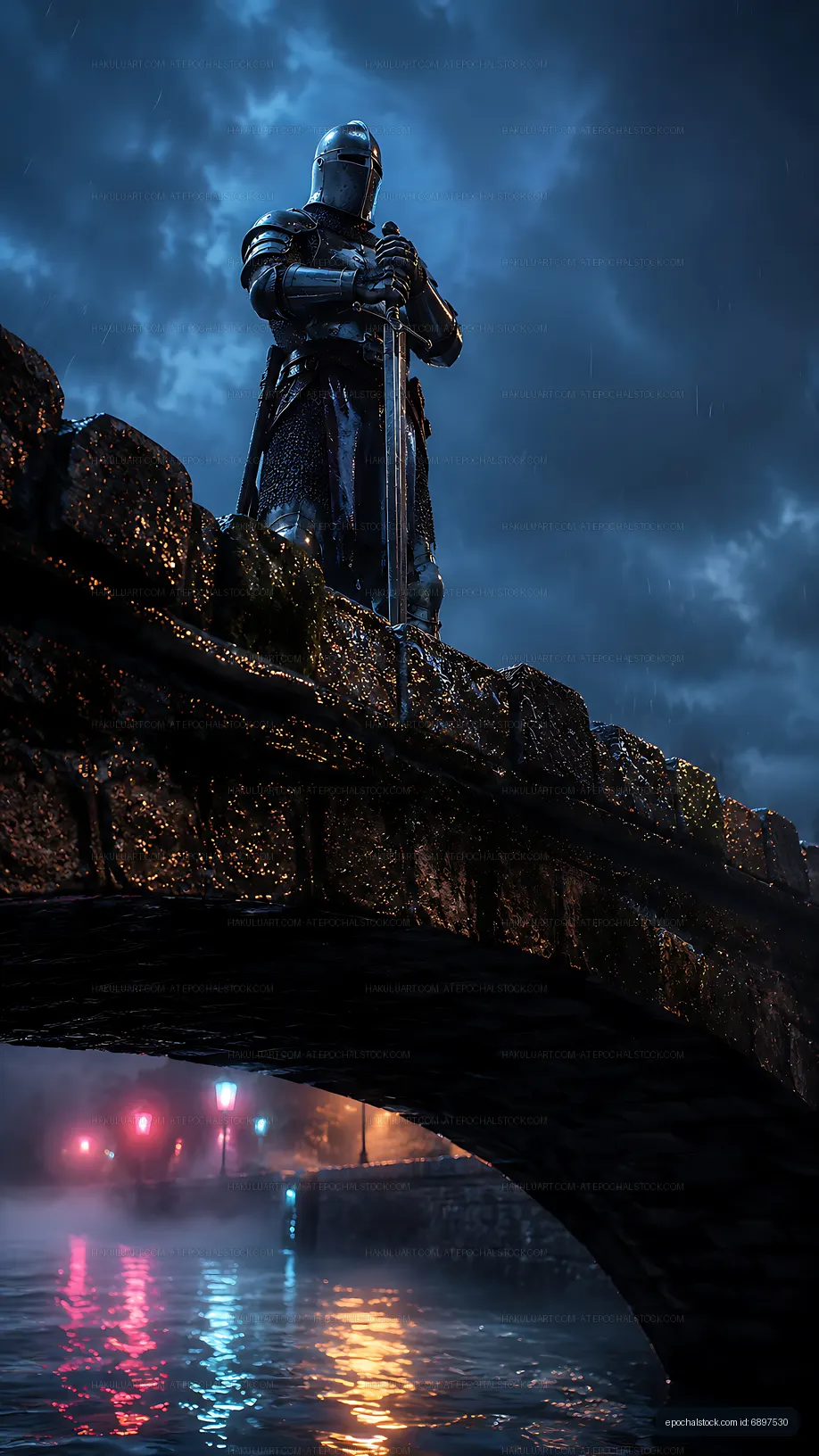 Knight standing on a stone bridge at night in rainy weather