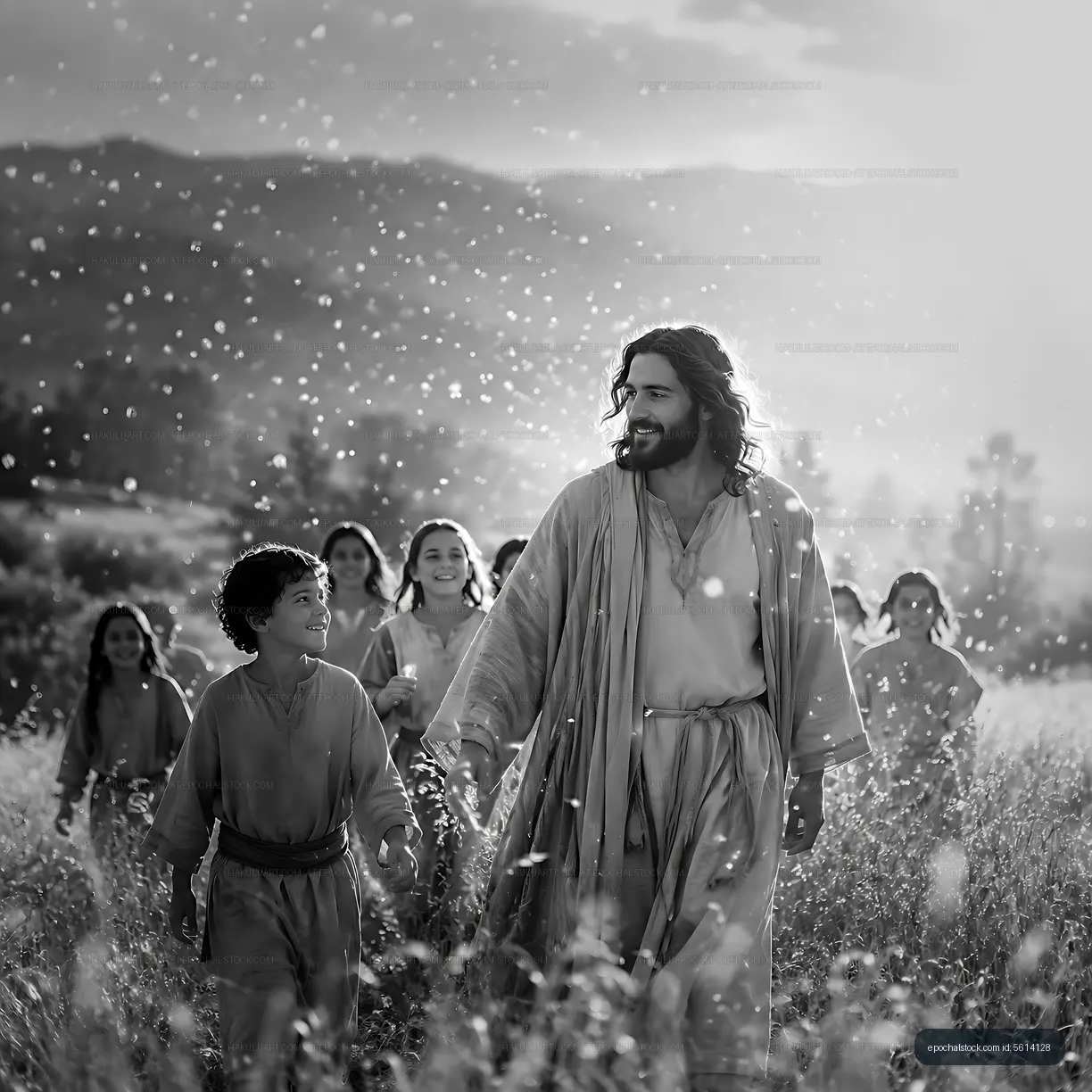 Jesus walking with children in a field during daytime