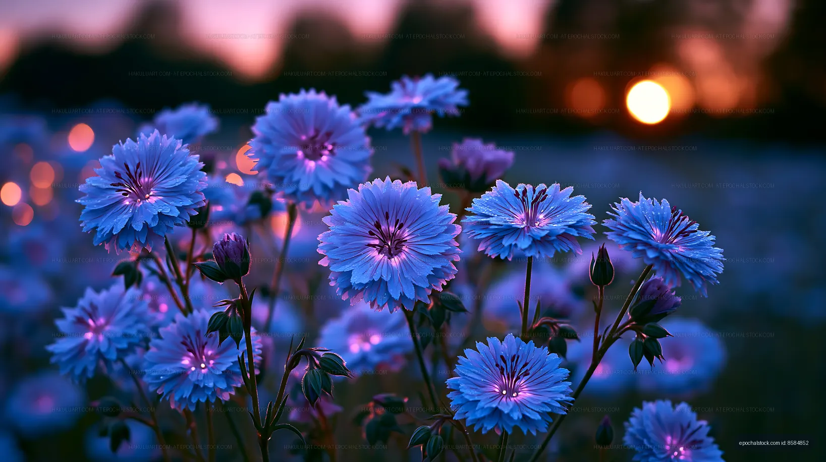 Blue flowers blooming in a field at sunset