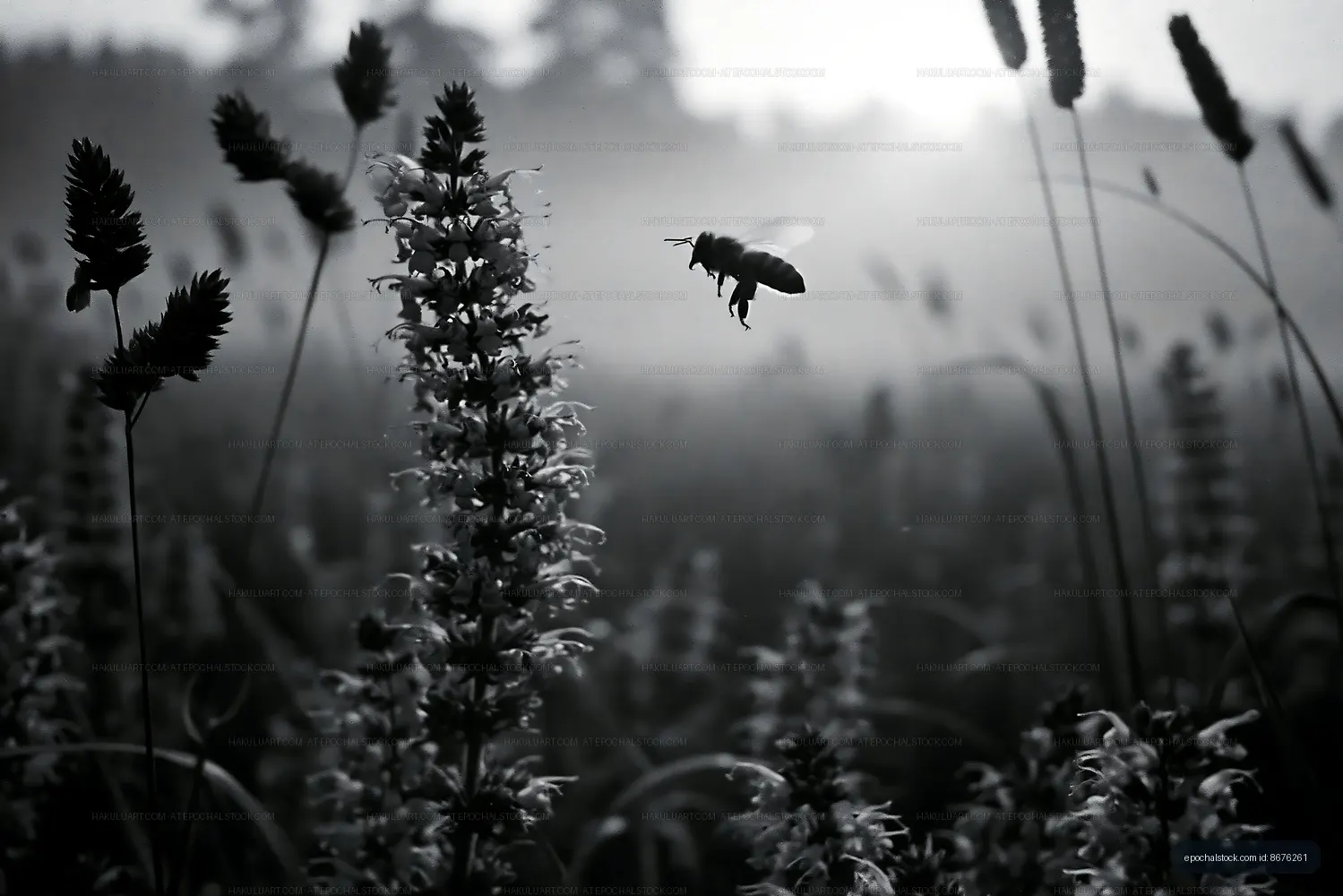 Bee hovering near flowers in a misty field