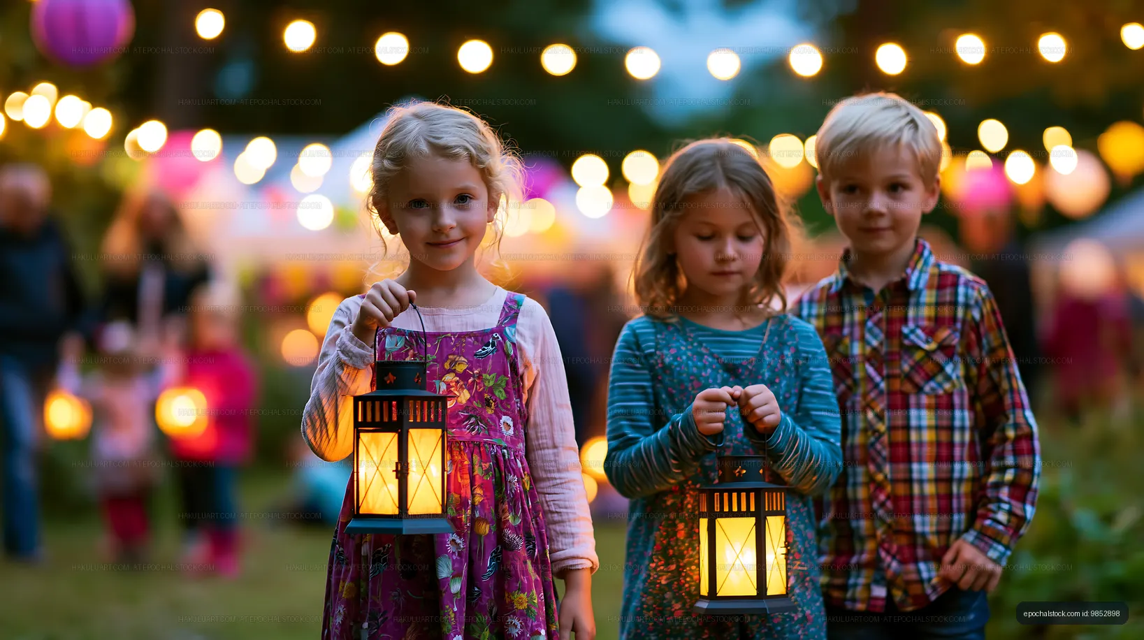 Children holding lanterns during an outdoor event at dusk