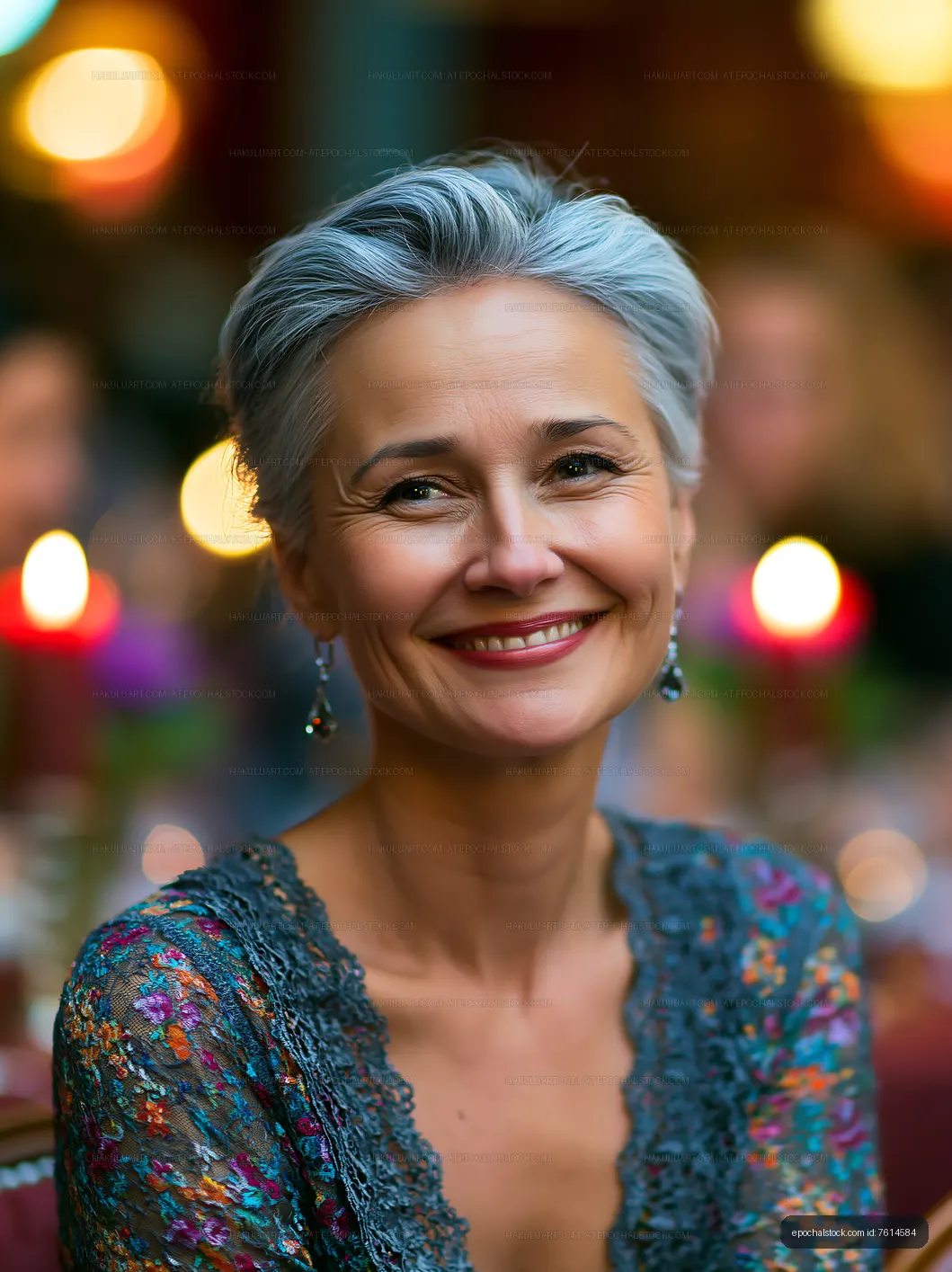 Woman smiling at a dinner event with candles and blurred background
