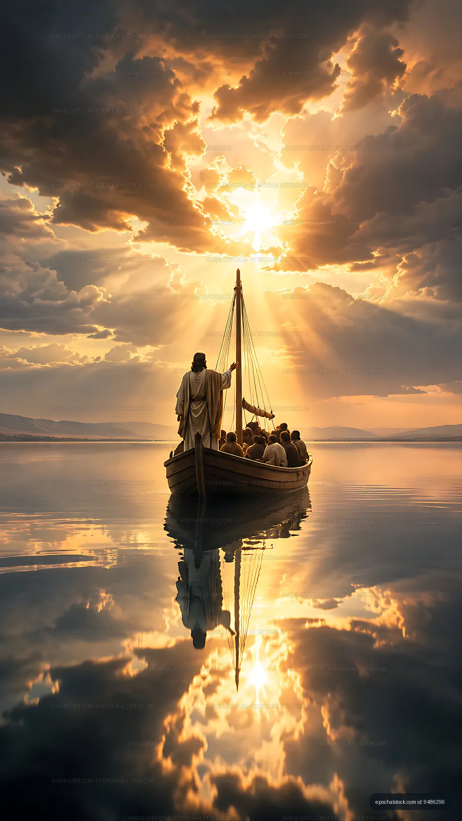 Boat journey at sunset with figures on a calm water surface