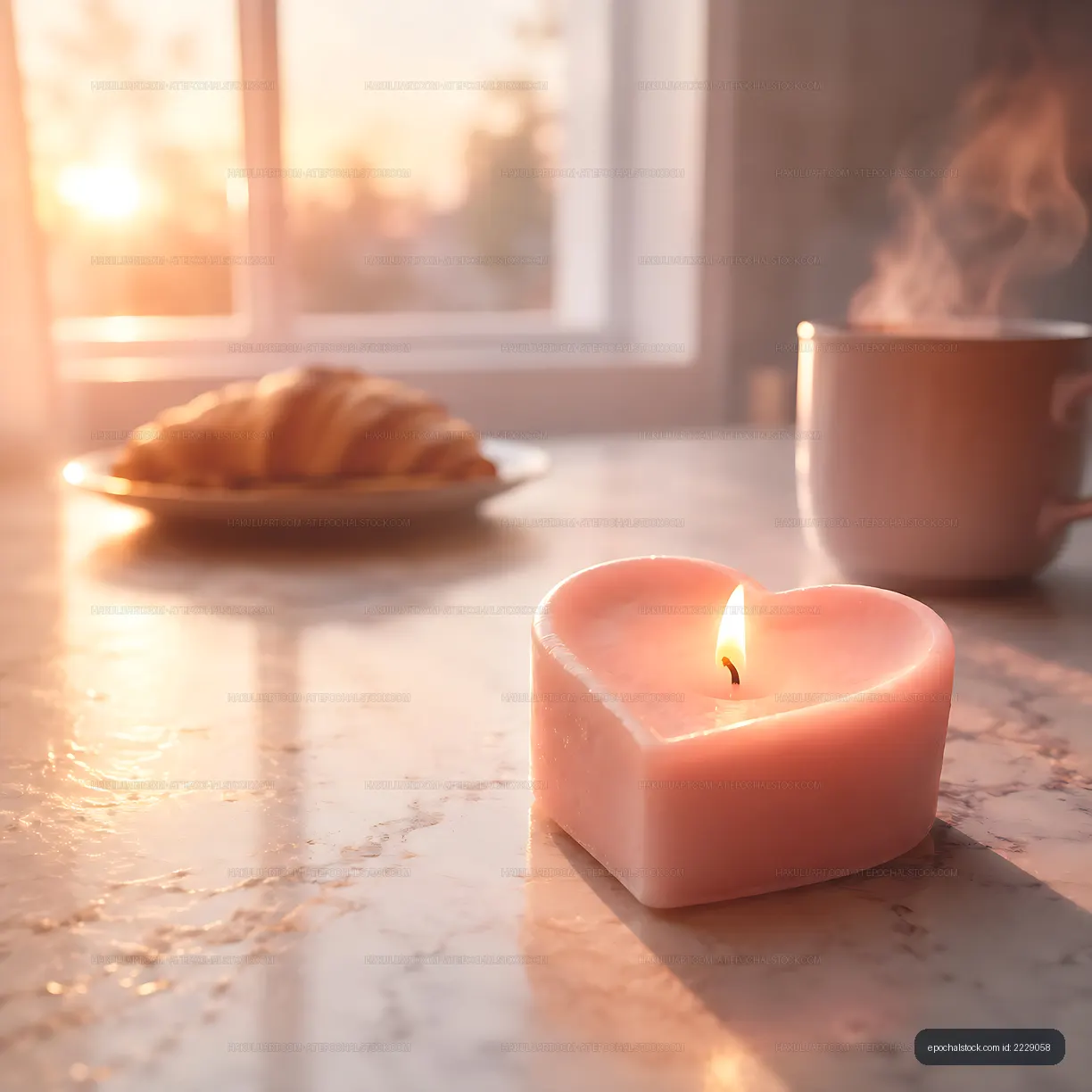 Warm heart candle with coffee and croissants in morning light