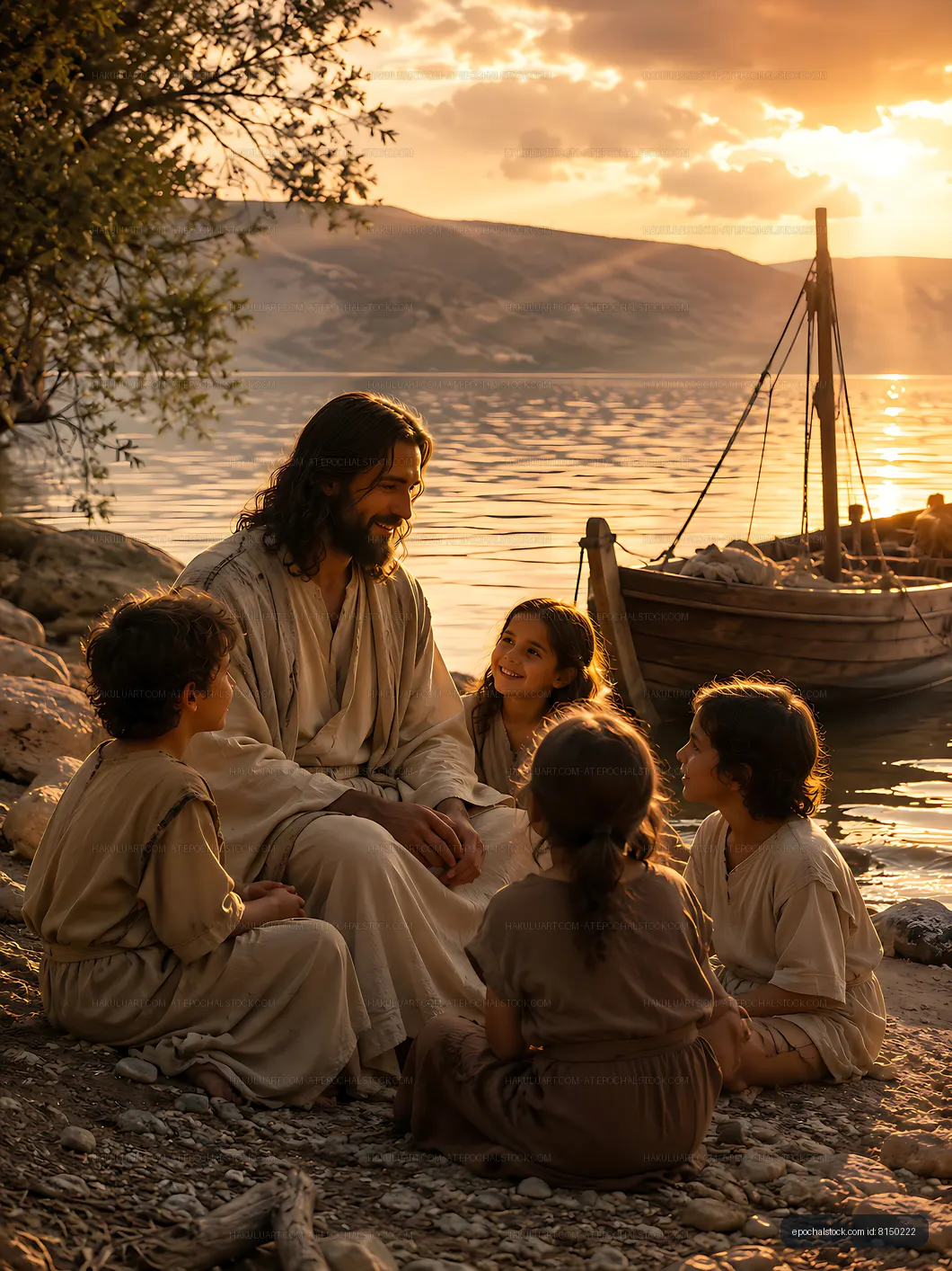 Children listen to a man by the water at sunset