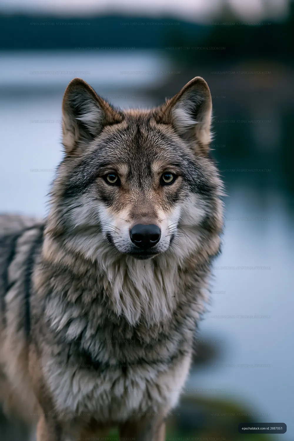 Close-up of a wolf staring with a blurred background