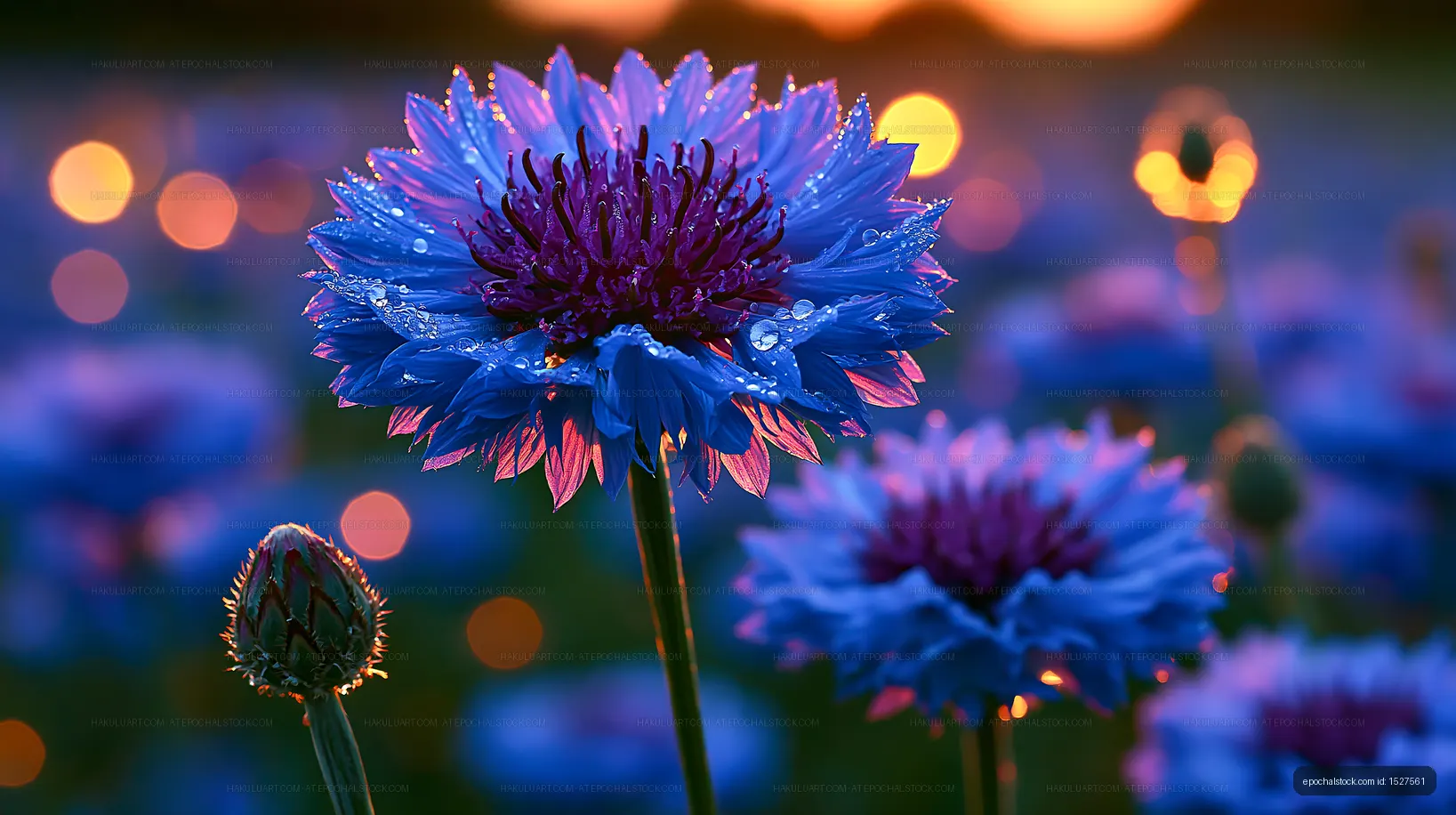 Beautiful blue flowers at sunset with water droplets