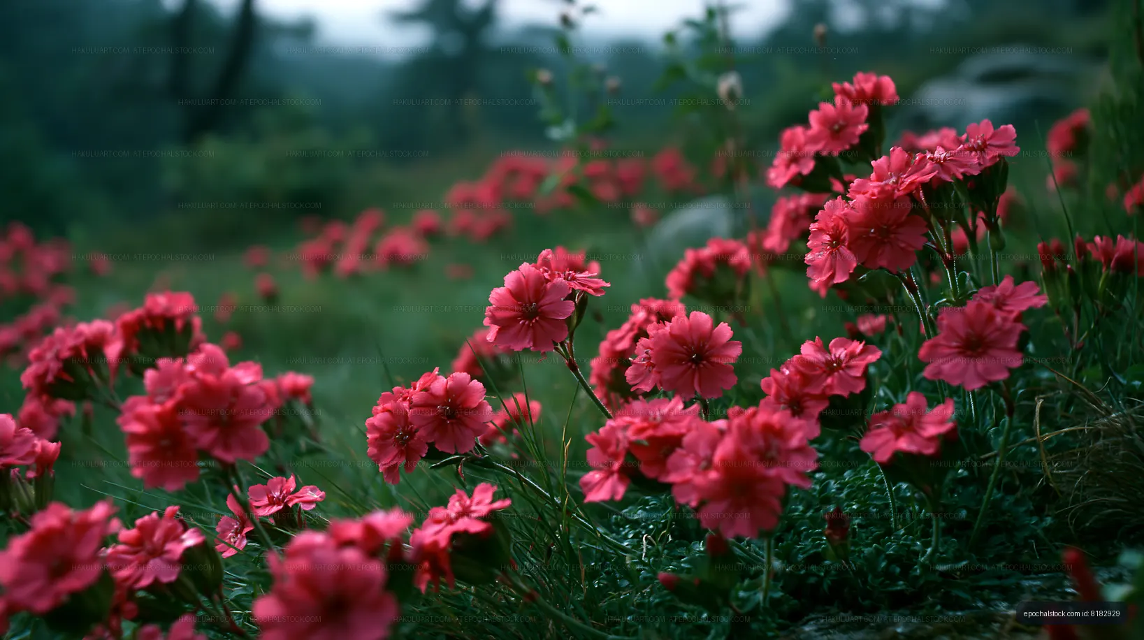 Red flowers blooming in a green meadow during overcast weather