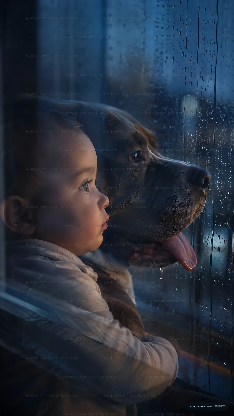 Child and dog look out the window during a rainy day