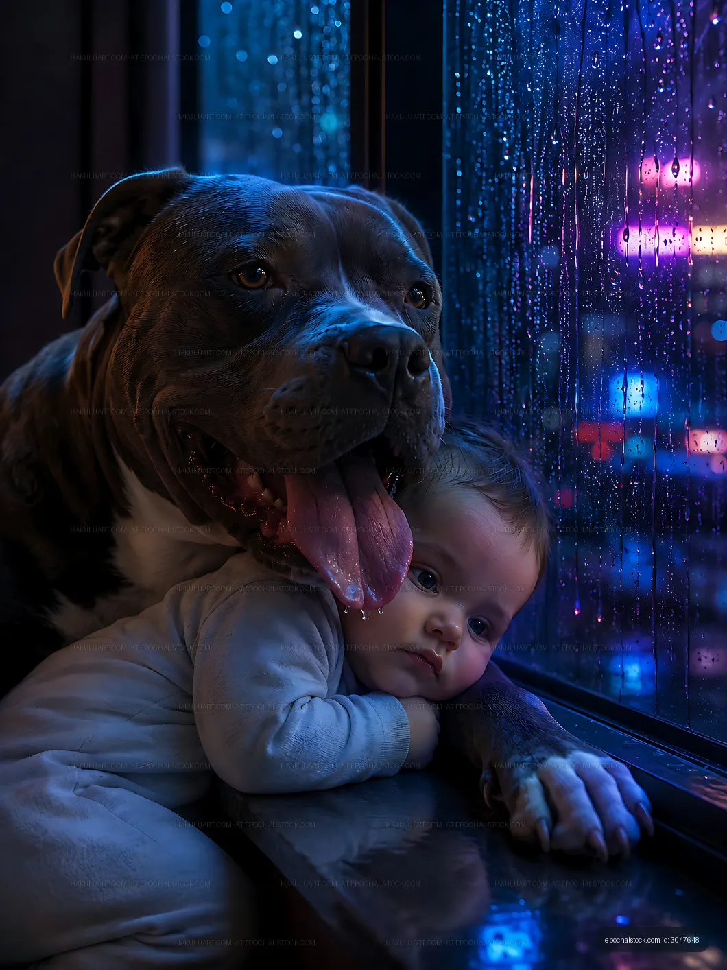 Dog and baby looking out at rain on a window in a city