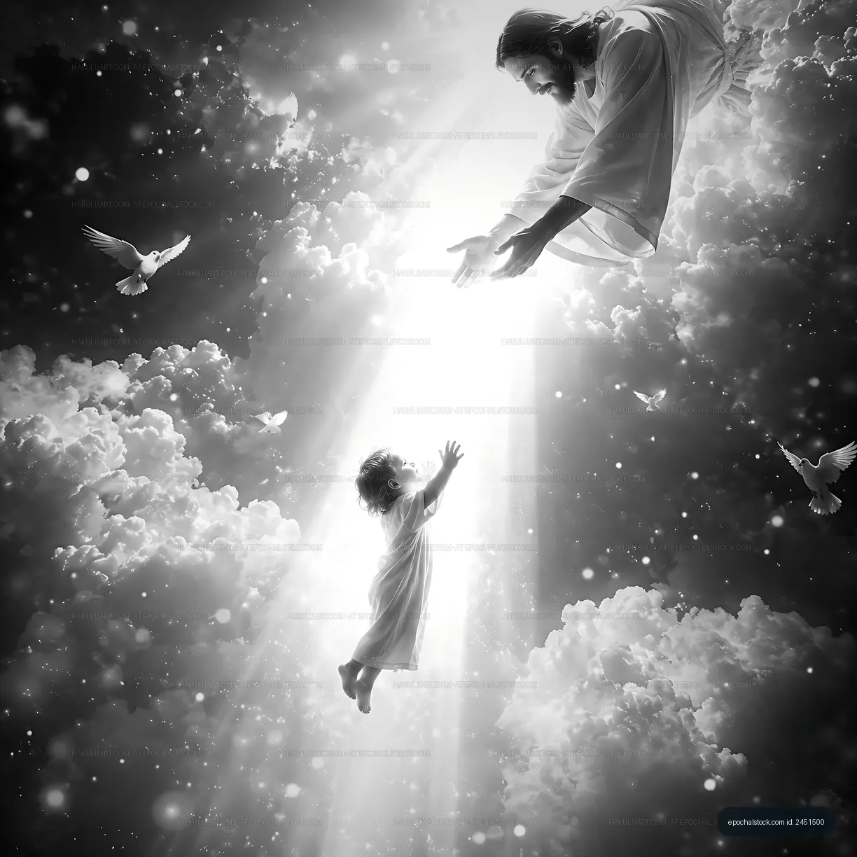 Father and child reaching out in a cloud-filled sky