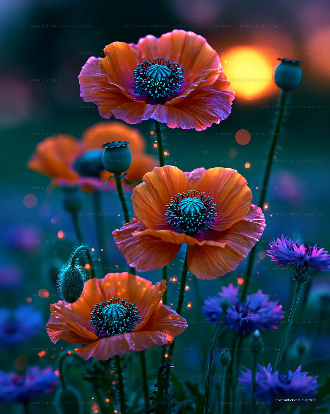 Colorful poppy flowers blooming at sunset