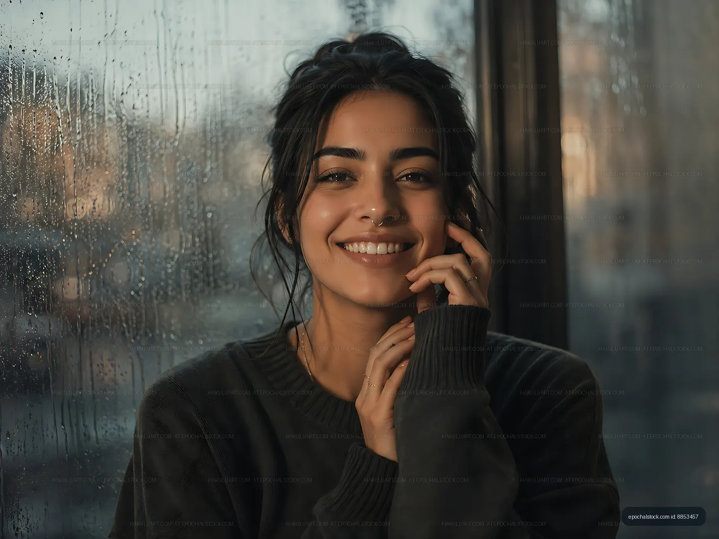 Woman smiling near window with rain on glass in cozy setting