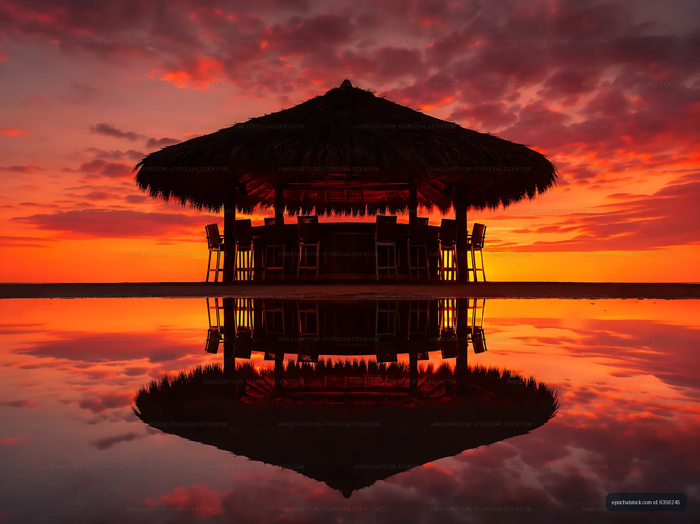 Sunset over beach hut with reflection in calm water