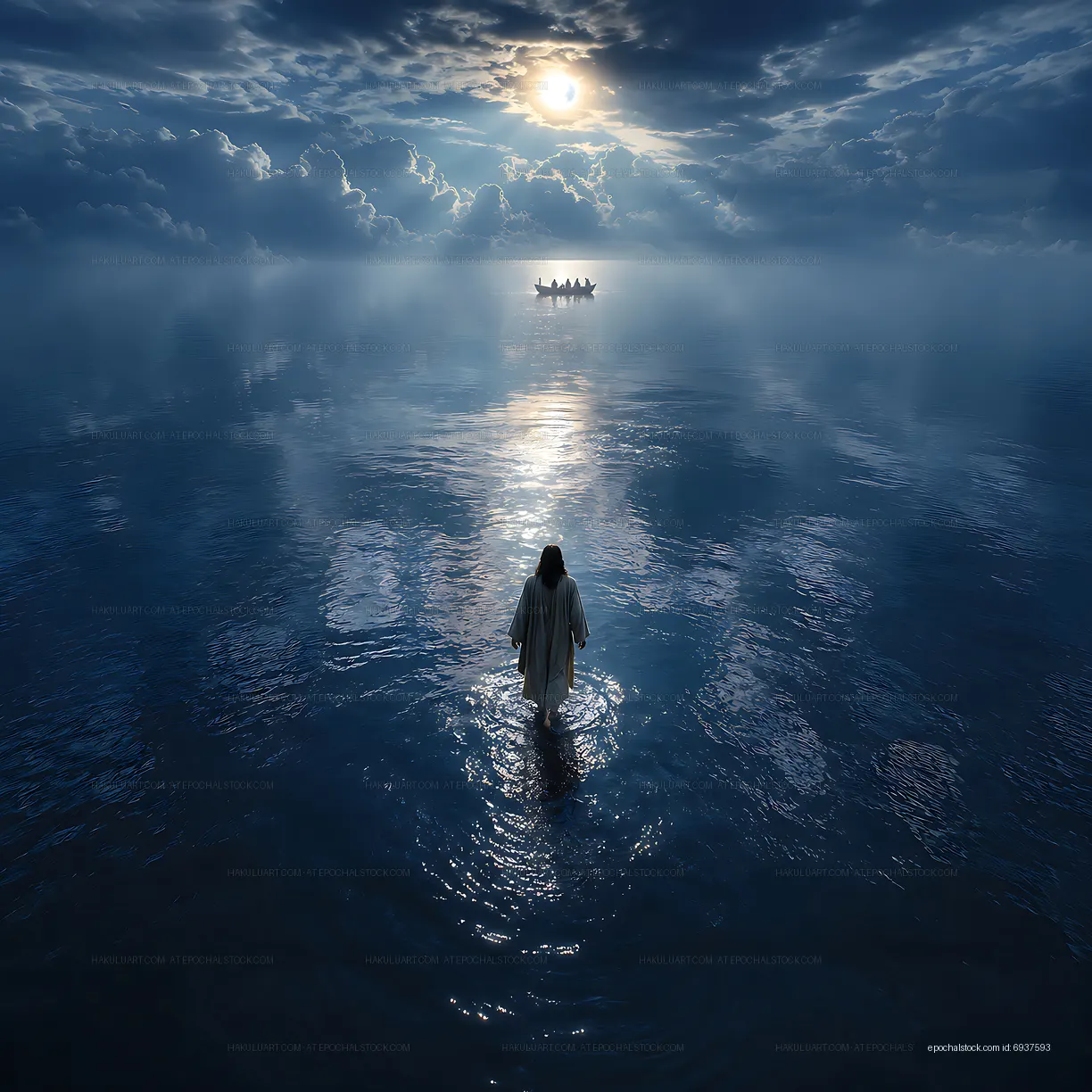 Figure walking in water under moonlight with a boat in the distance