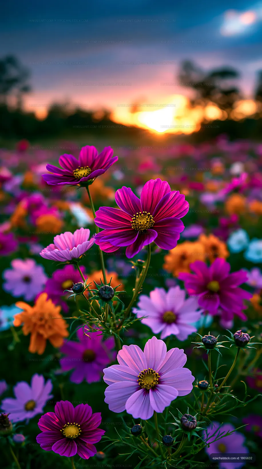 Vibrant wildflowers blooming at sunset in a meadow