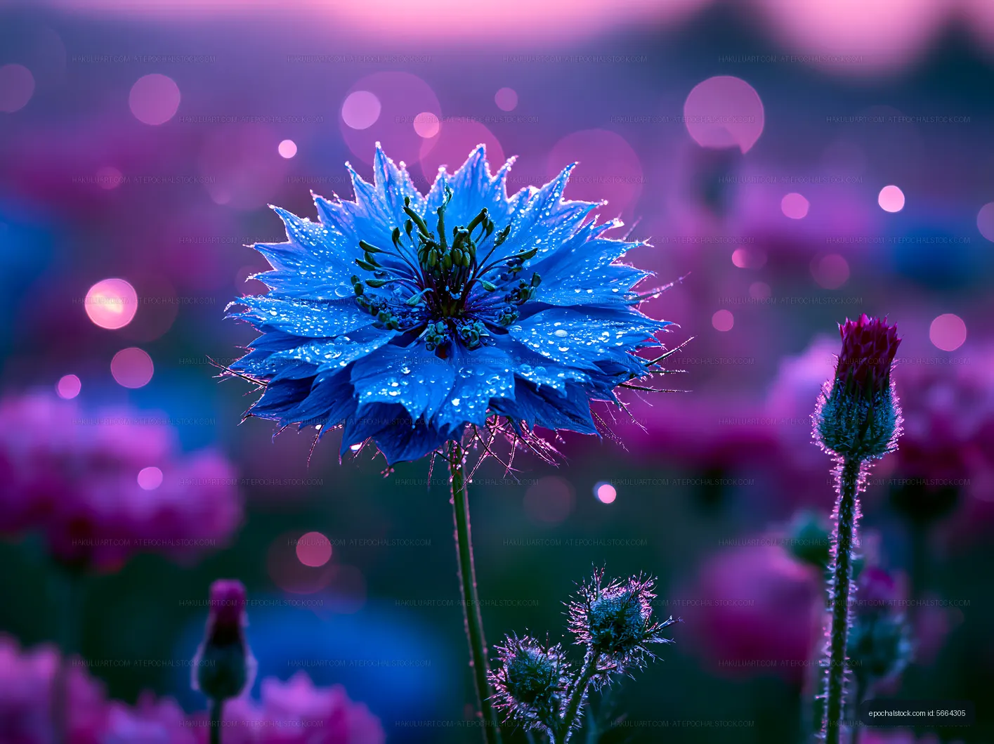 Close-up of blue flower surrounded by pink blossoms at dusk