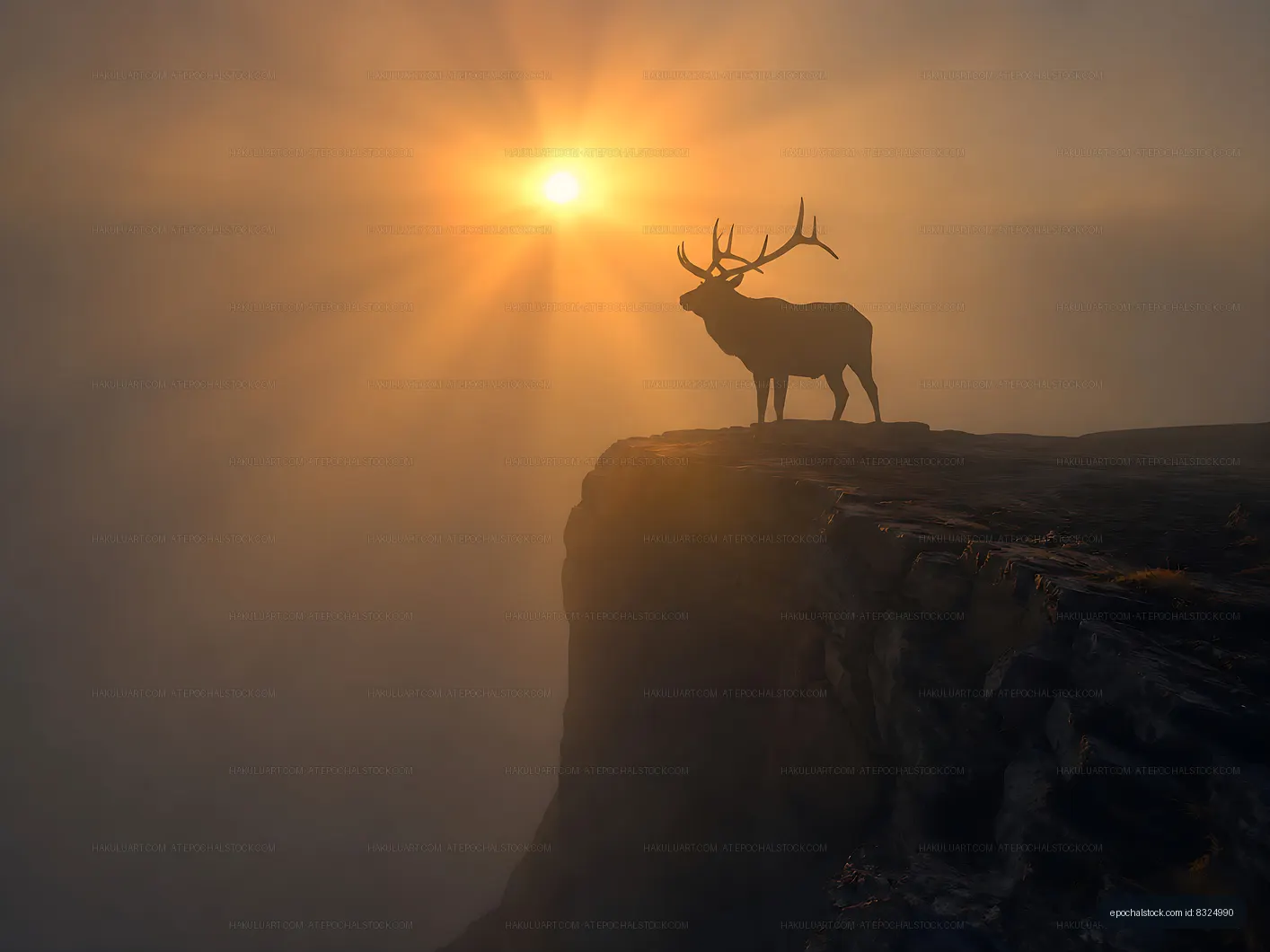 Stag on cliff at sunset with fog in the background