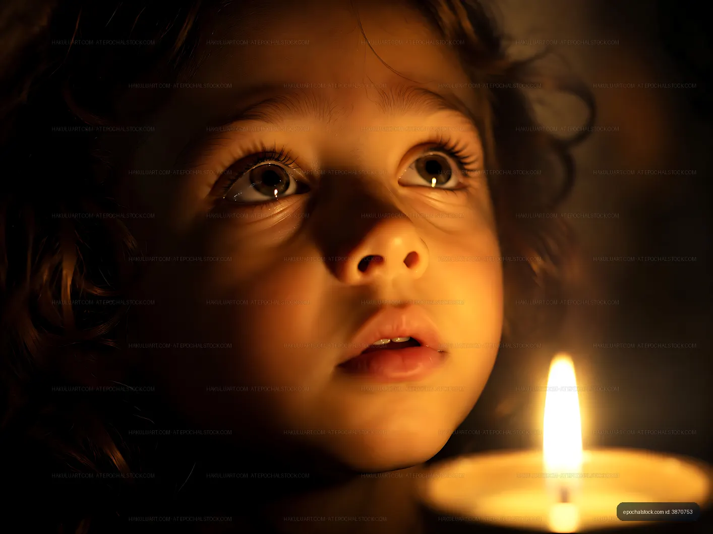 Child gazes at candlelight in a dimly lit room