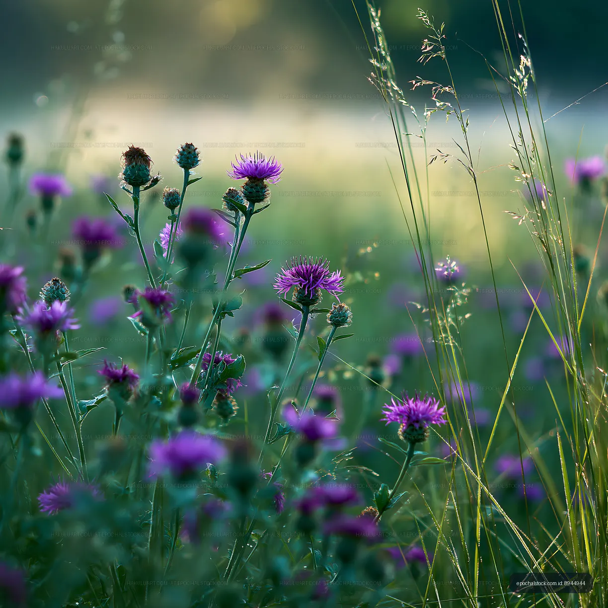 Wildflowers blooming in a natural field at sunrise