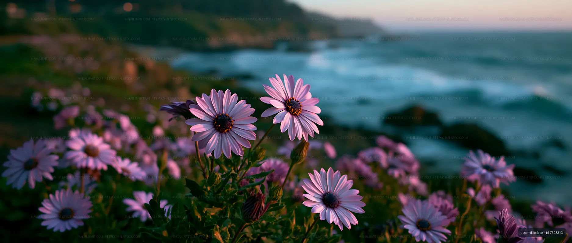 Purple flowers near ocean waves at sunset