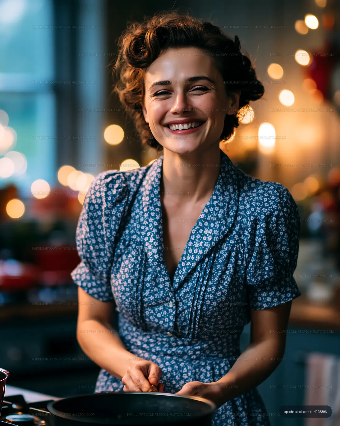 Woman cooking in a cozy kitchen with decorative lights
