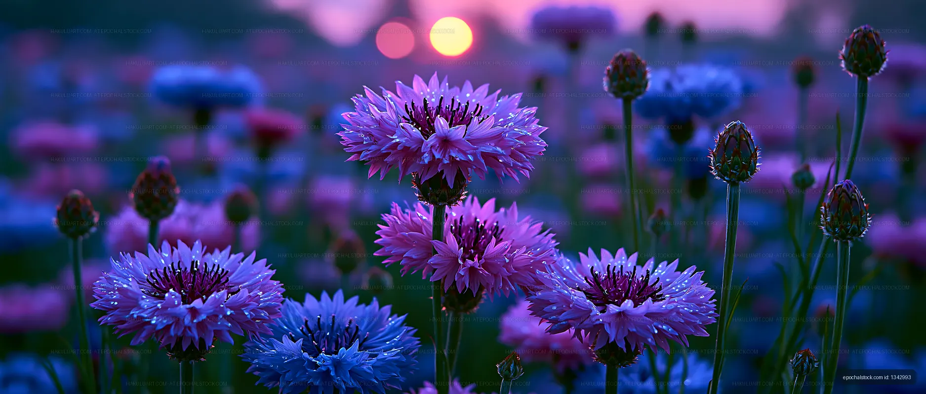 Vibrant field of flowers at sunset in soft purple and pink hues