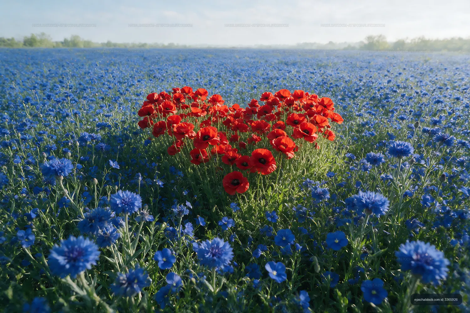 Red flowers form heart shape in blue flower field