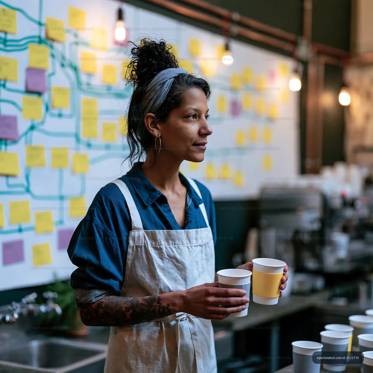 Barista at work holding cups in a coffee shop