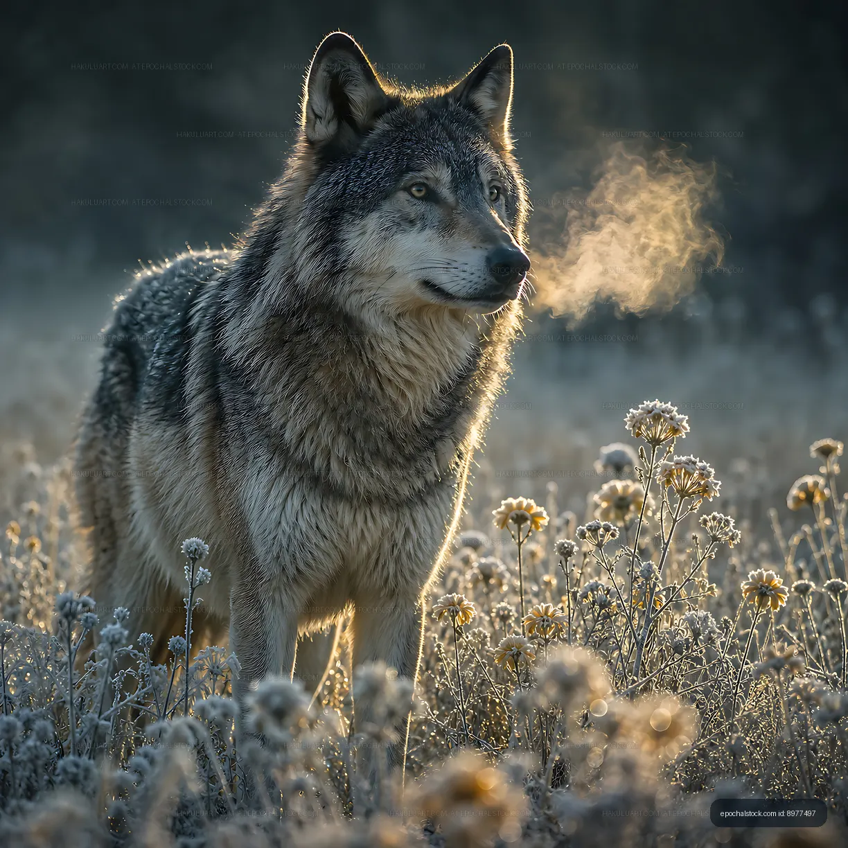 Wolf in a frosty field during early morning sunlight