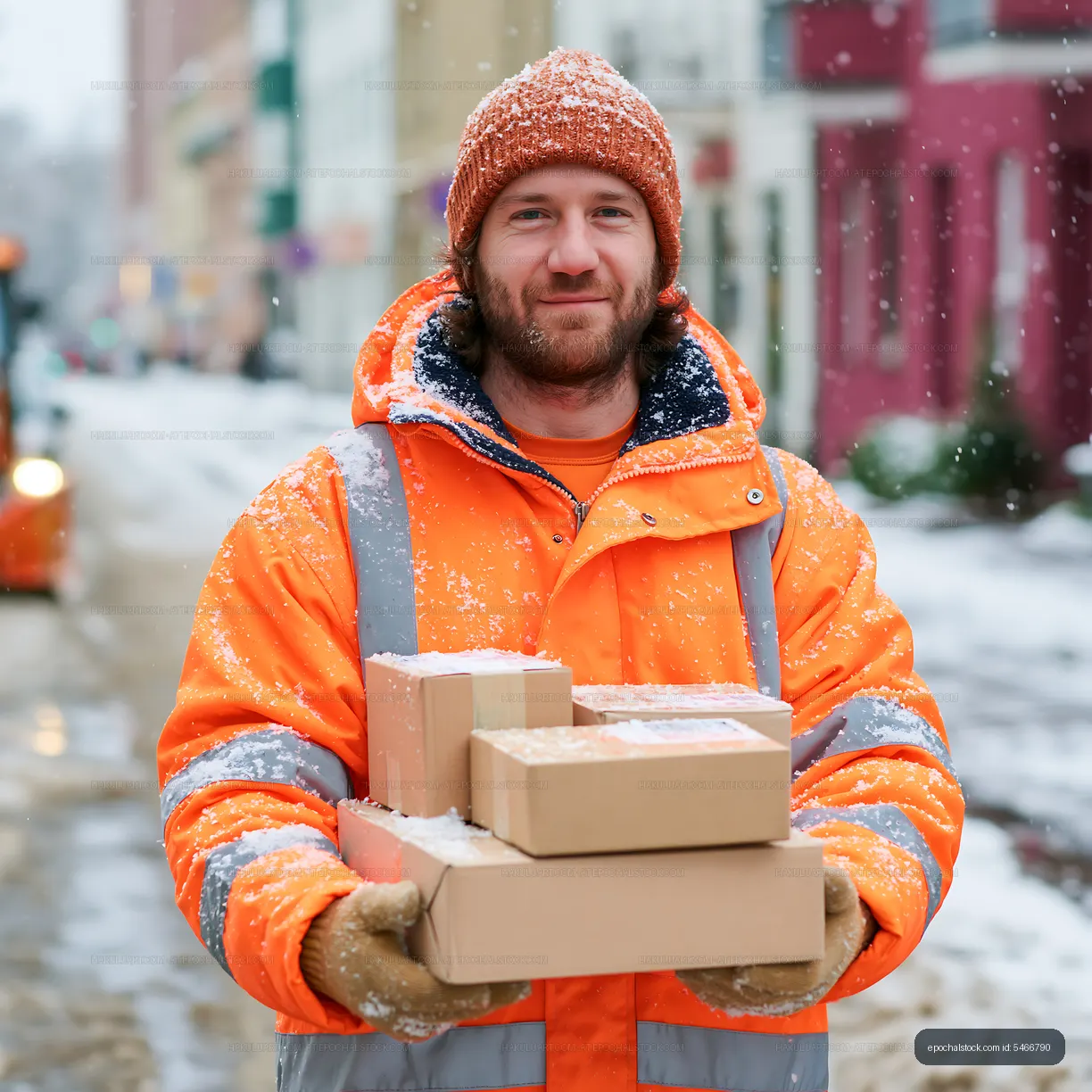 Delivery worker in winter snow with packages in urban setting