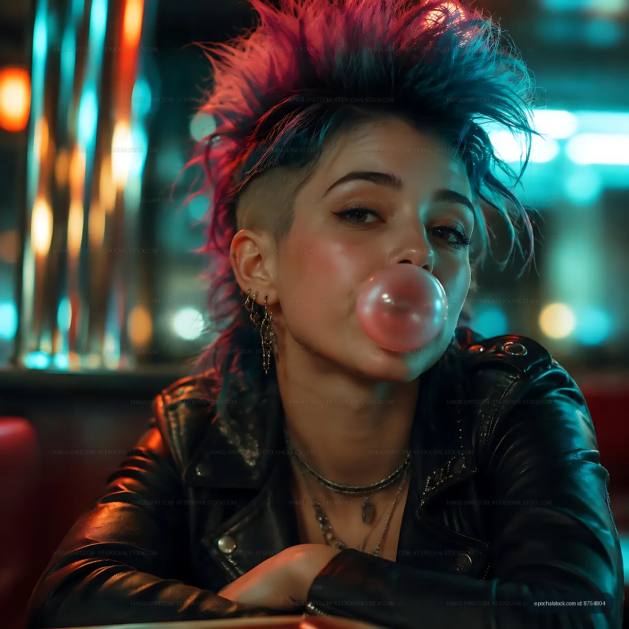 Young person blows bubble gum in retro diner setting