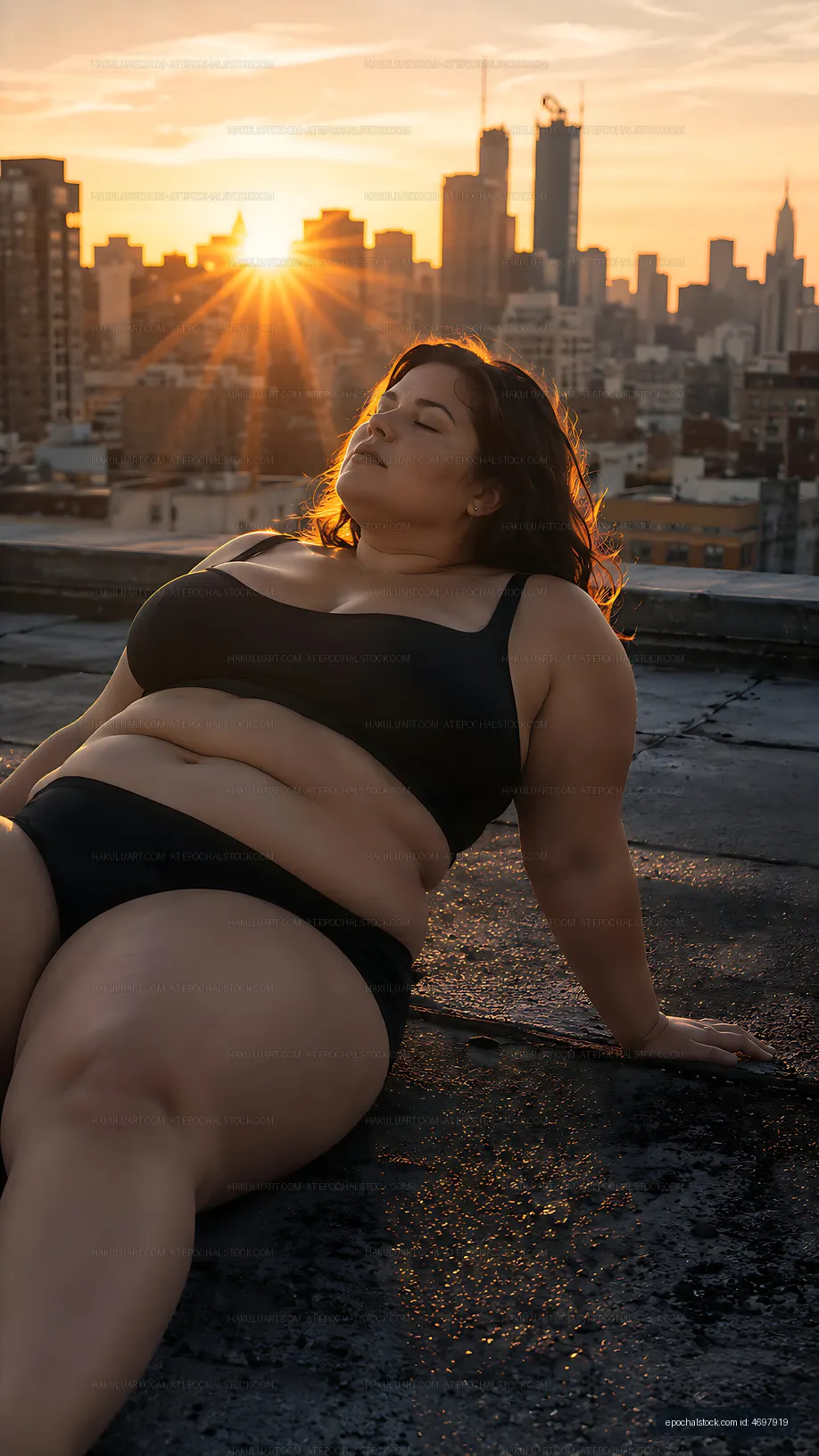 Woman relaxing on rooftop at sunset in urban city
