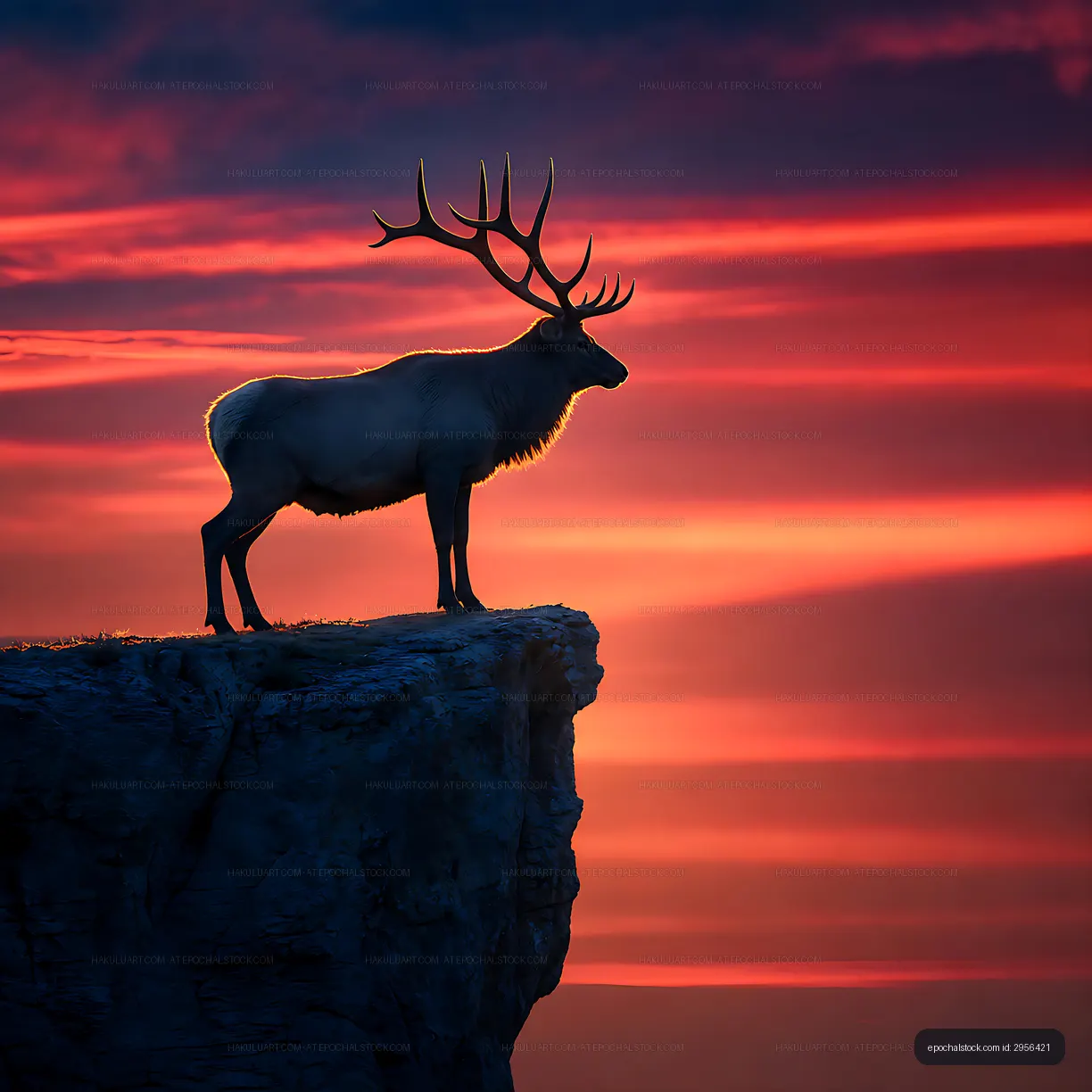 Silhouette of a deer standing on a cliff at sunset