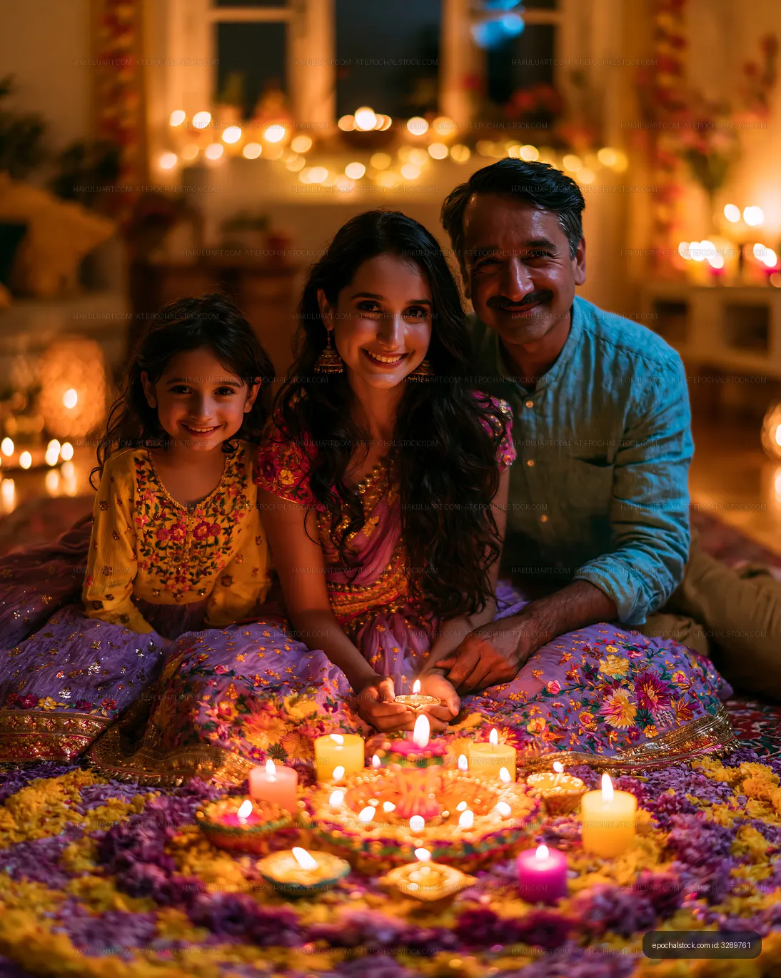 Family celebrating with candles and flowers during a festival