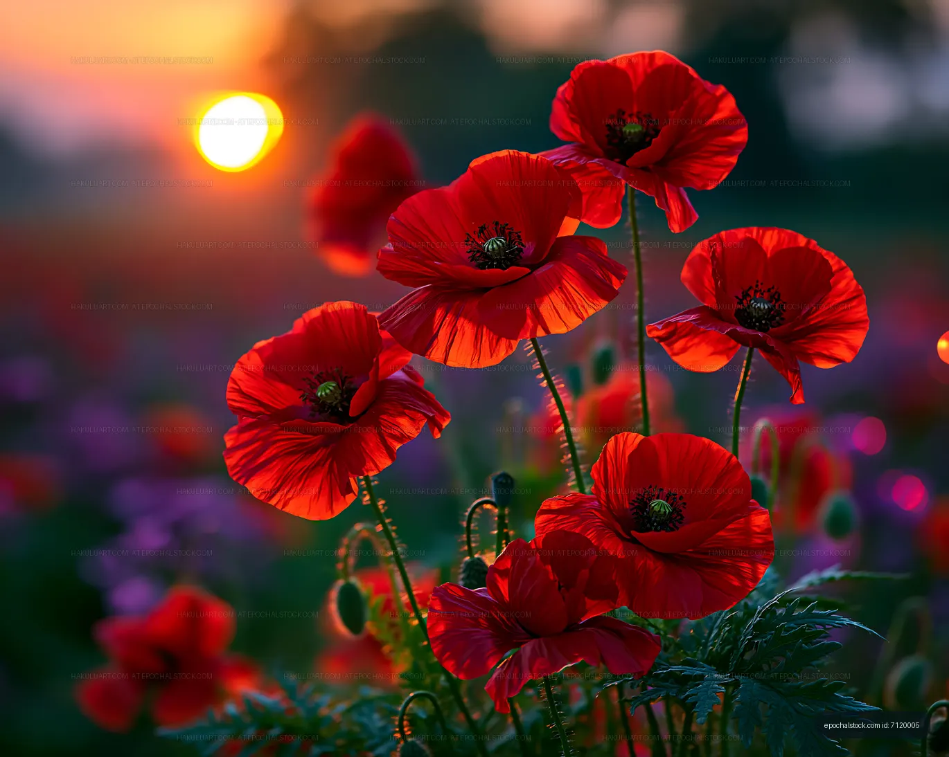 Red poppies bloom during sunset in a field