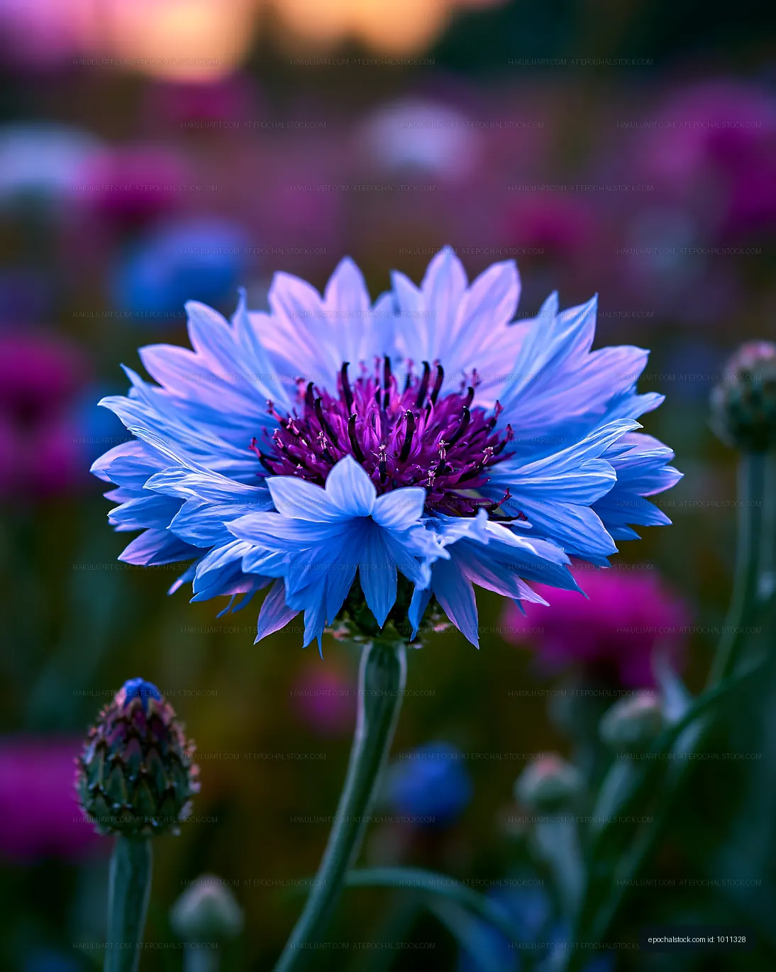 Bright blue flower in a colorful garden during sunset
