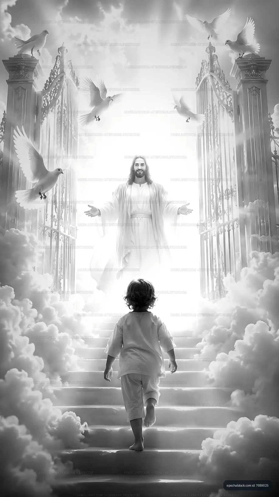 Child walking towards a figure at open gates in a bright scene