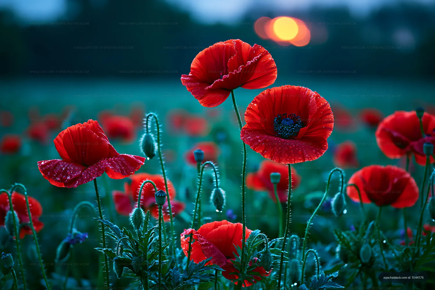 Vivid red poppies in a field at sunset