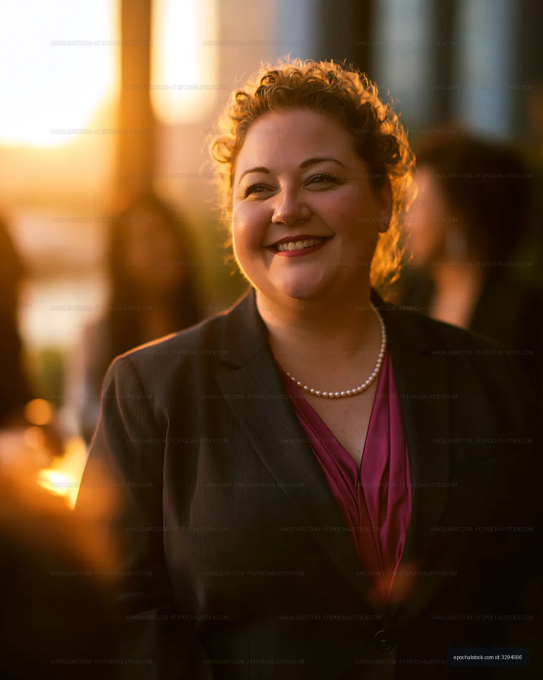 Business professional smiling at networking event during sunset