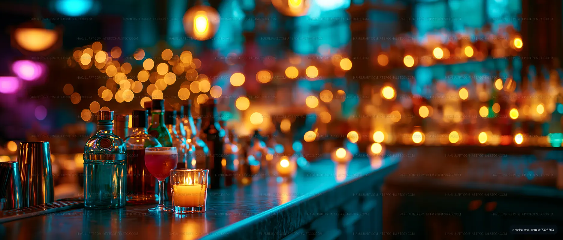 Bar setting with colorful lights and drinks on the counter