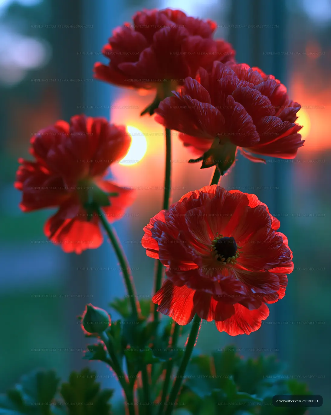 Red flowers glowing against a sunset background