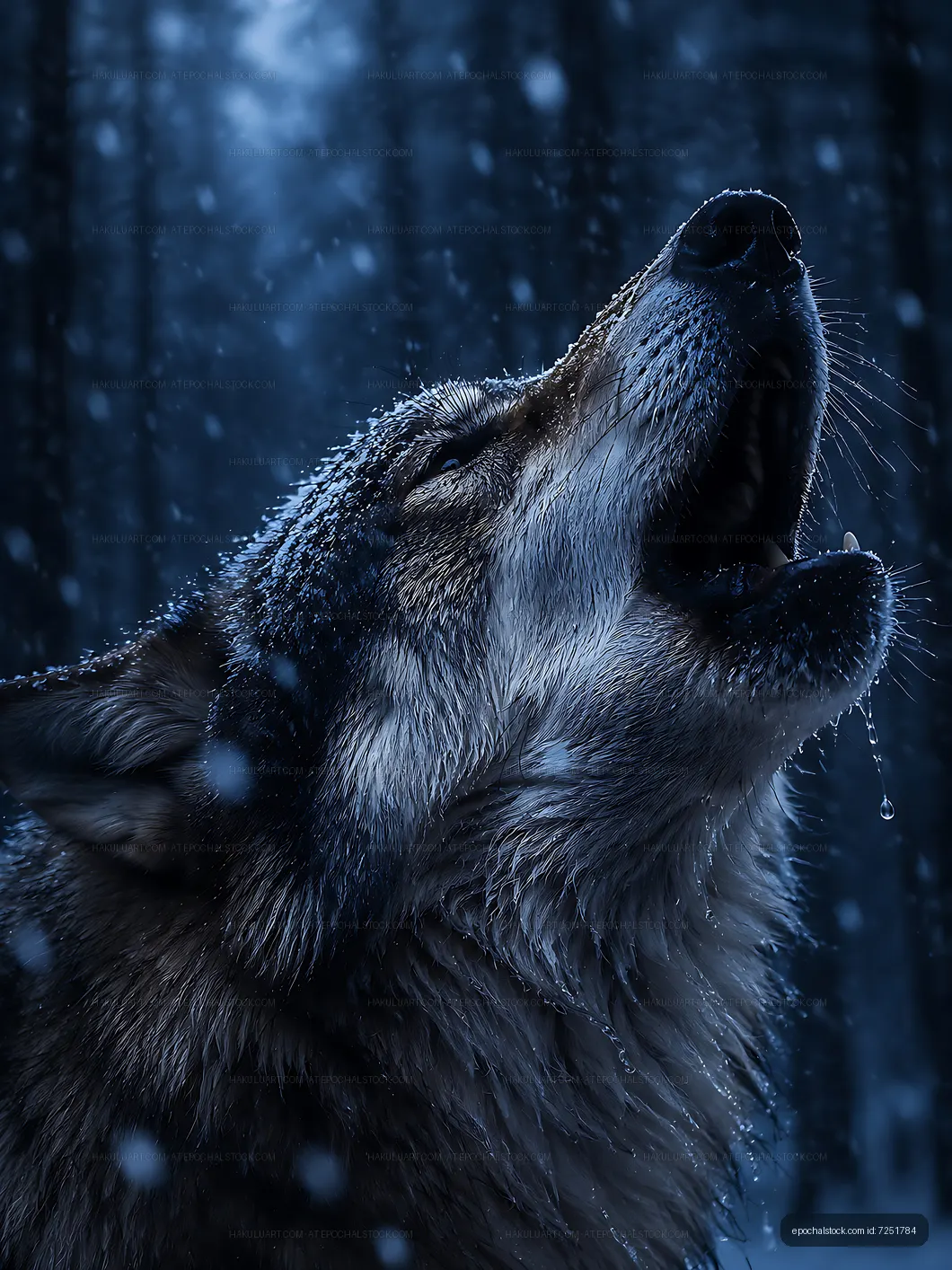 Wolf howling in a snowy forest at night