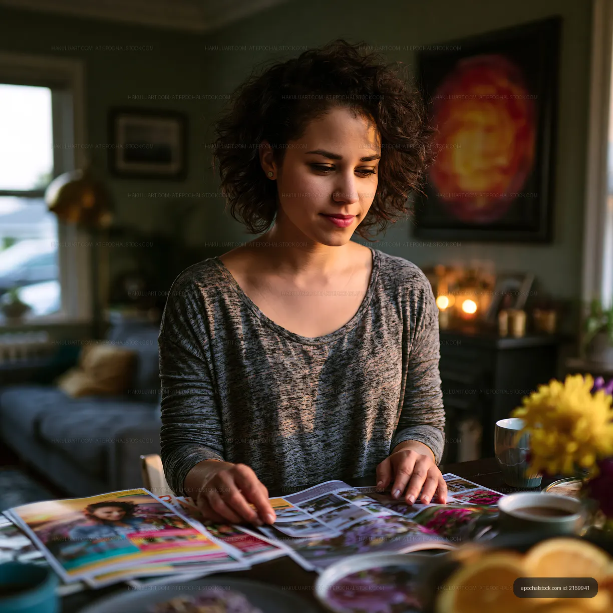 Woman reviewing magazines at home in cozy living room