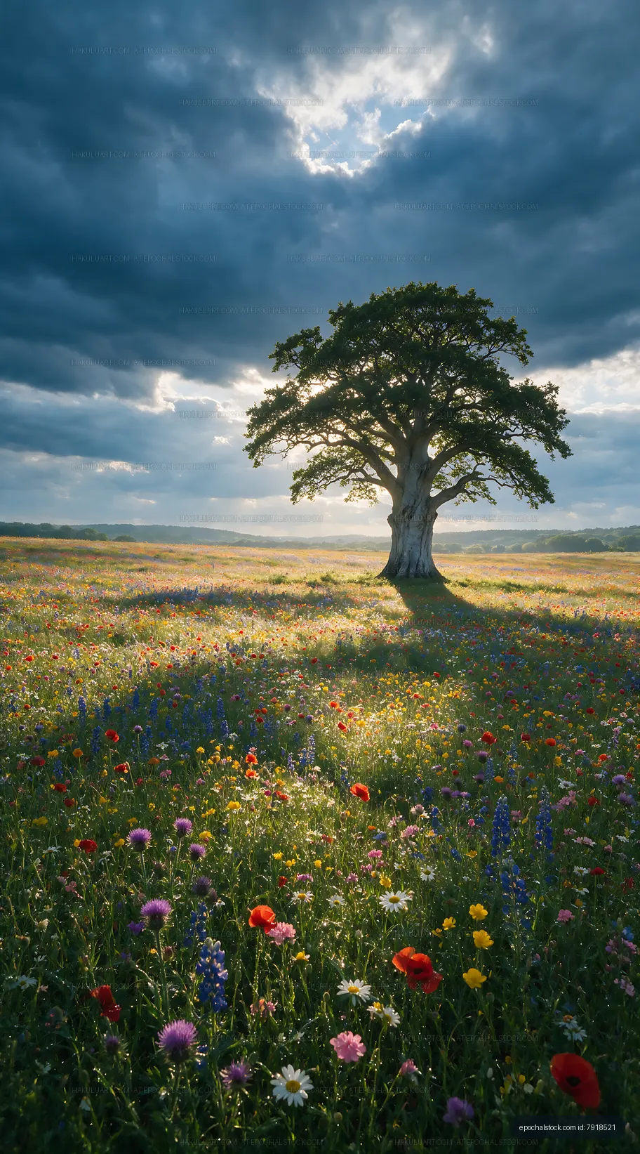 Green tree on field of flowers under cloudy sky