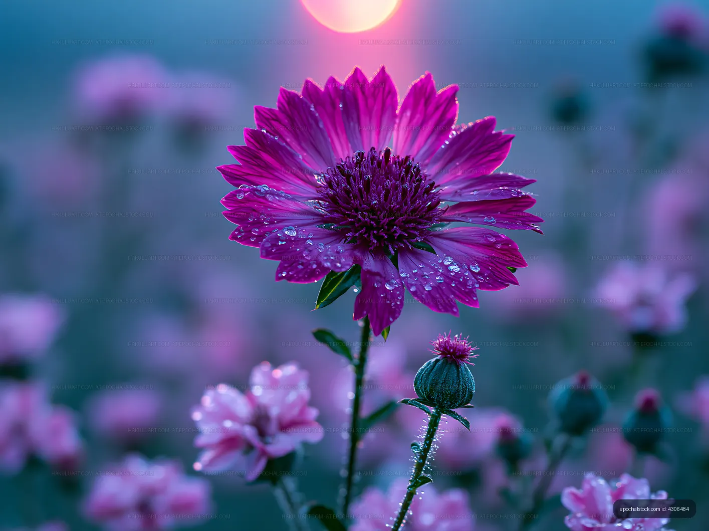 Pink flower with dew drops in a field at sunset