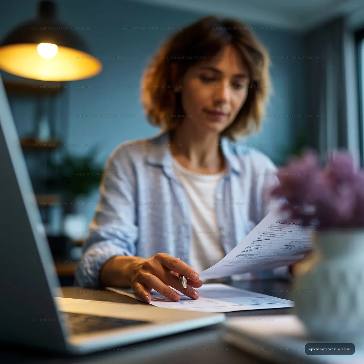 Woman working on documents at home office desk in evening