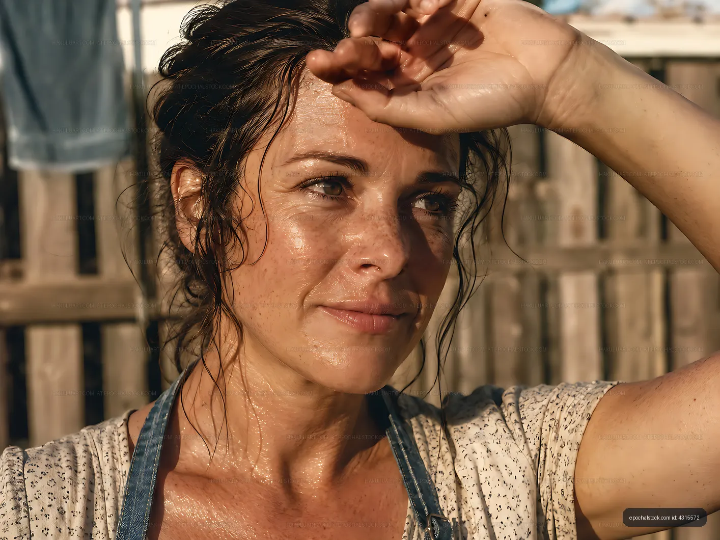 Woman wipes sweat from brow in sunny outdoor setting