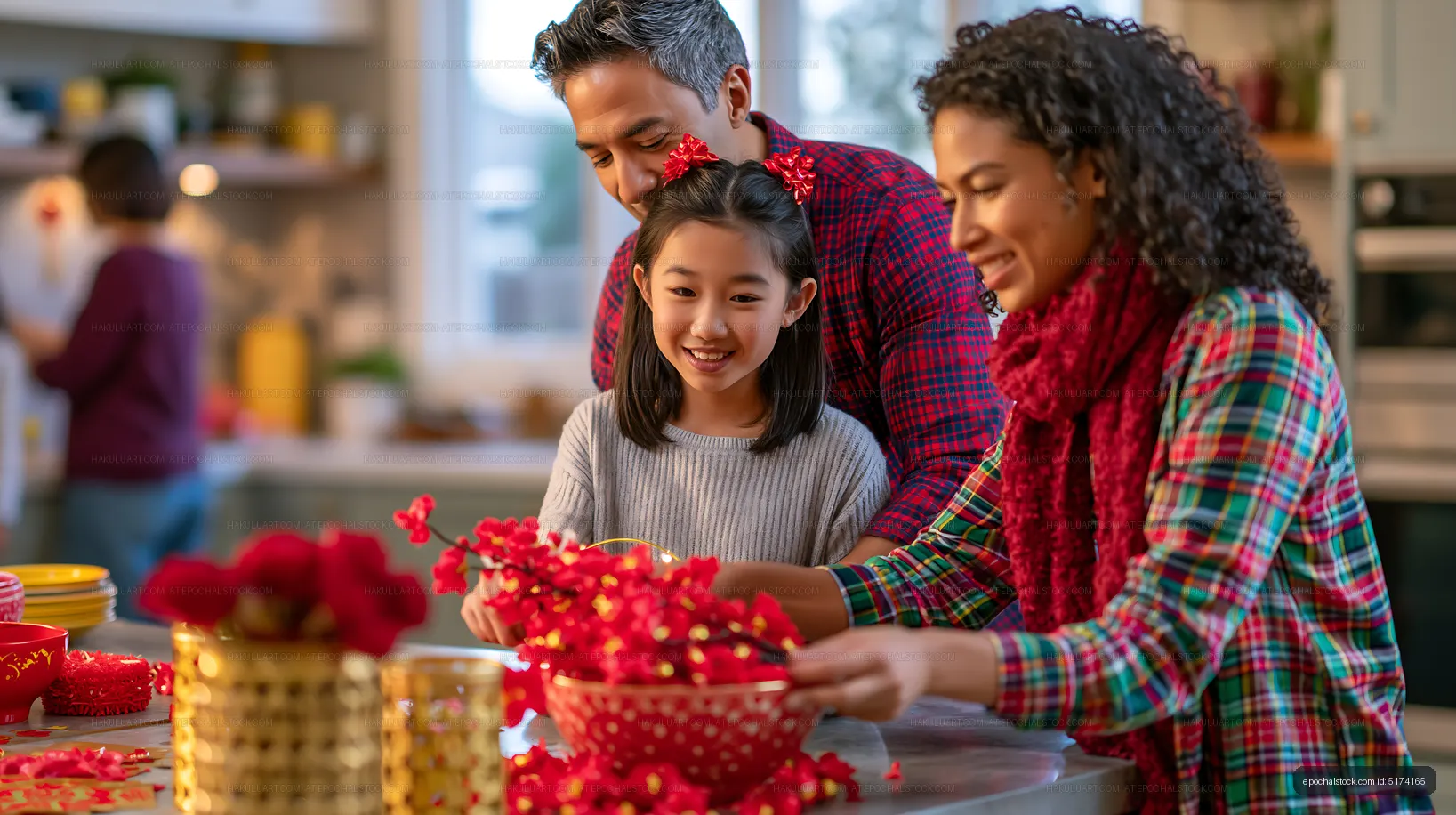 Family prepares decorations in kitchen for festive occasion