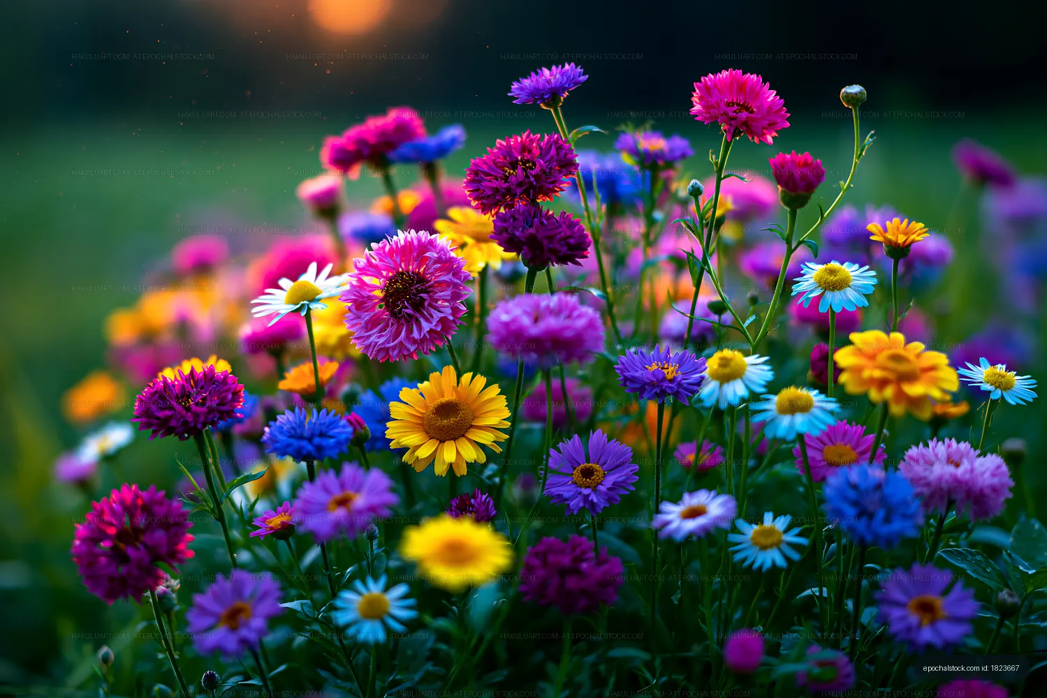 Colorful flowers blooming in a garden at sunset